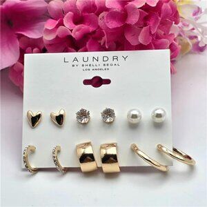 Laundry By Shelli Segal Gold Tone Stud Earring Set Hearts Pearls Crystal Hoops